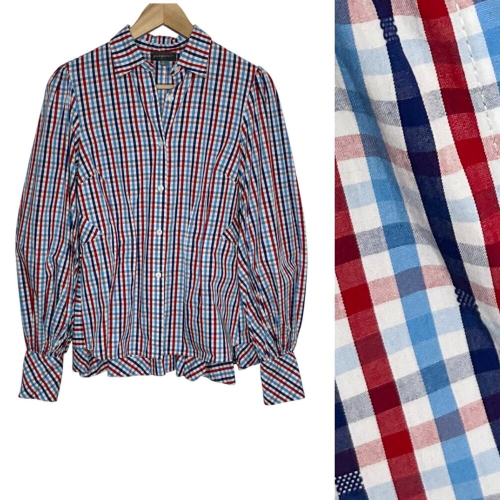 Greysn Women Long Sleeve Button Up Peplum Top Small Blue Red Plaid Cotton Preppy